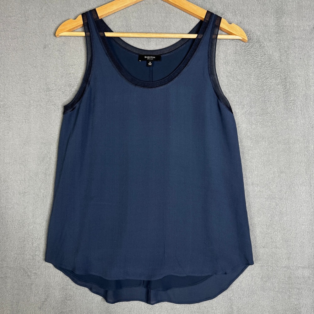Babaton Navy 100% Silk Tank Top‎ Mesh Trim Sleeveless Casual Women's Size XS